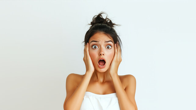 a potrait of a woman shocked awe confusion facial expression with hands on head on white background AI Generate