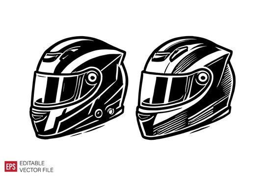 motorcycle helmet Silhouettes Black and White Illustration Designs on White Background