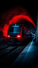 Naklejka premium Red train emerges from a dark tunnel, illuminated by eerie red light.