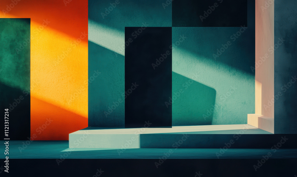 Aufkleber abstract geometric composition with vibrant orange and teal blocks emphasizing shadow play and moder