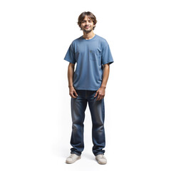 Fototapeta premium Young man with blue t shirt and jeans is standing and smiling
