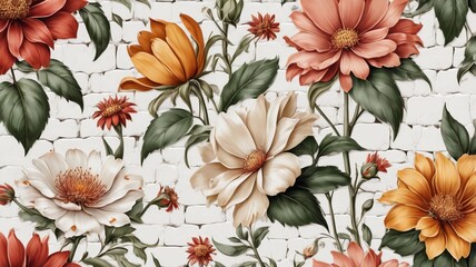 Flowers on the old white wall background, digital wall tiles or wallpaper design