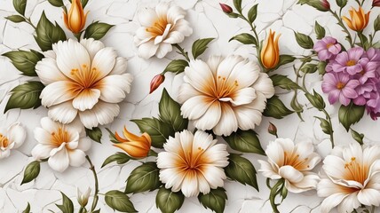 Flowers on the old white wall background, digital wall tiles or wallpaper design