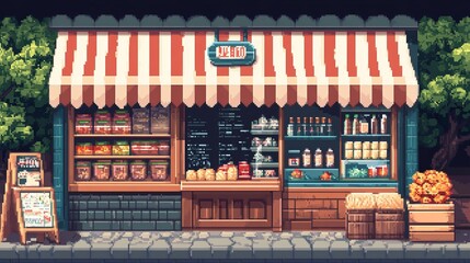 Naklejka premium Vibrant Pixel Art Storefront with Red and Green Patterns in Retro Style