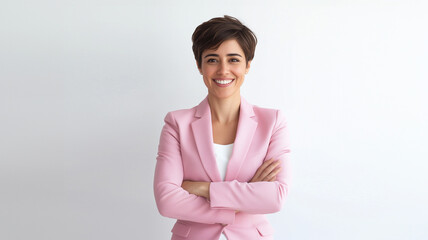 portrait of a professional woman tv news presenter crossed hands smiling with short hair wearing formal pink woman suits  on a white background ai generate