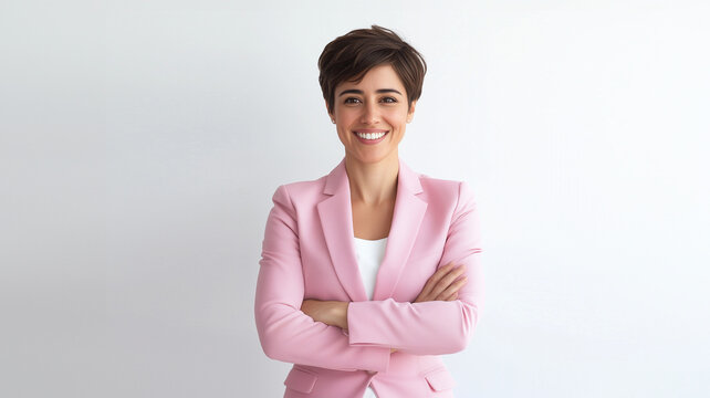 portrait of a professional woman tv news presenter crossed hands smiling with short hair wearing formal pink woman suits  on a white background ai generate