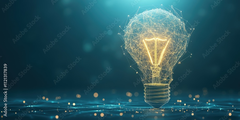 Poster abstract digital illustration of a glowing light bulb composed of lines and dots against a soft blue