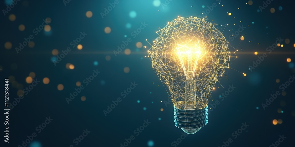 Aufkleber glowing abstract light bulb made of lines and dots, illuminating a dark background with a bright aur