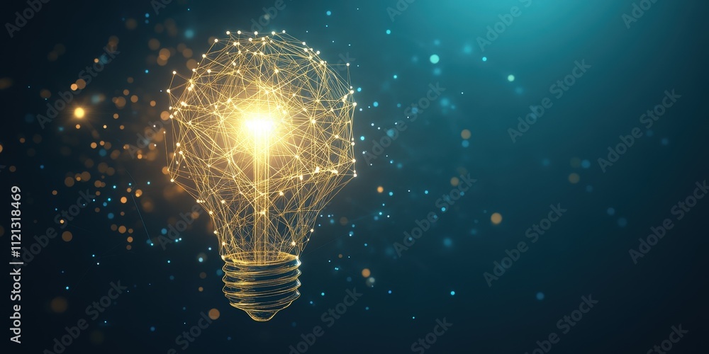 Poster glowing abstract light bulb made of lines and dots illustrating innovation and creativity in a futur