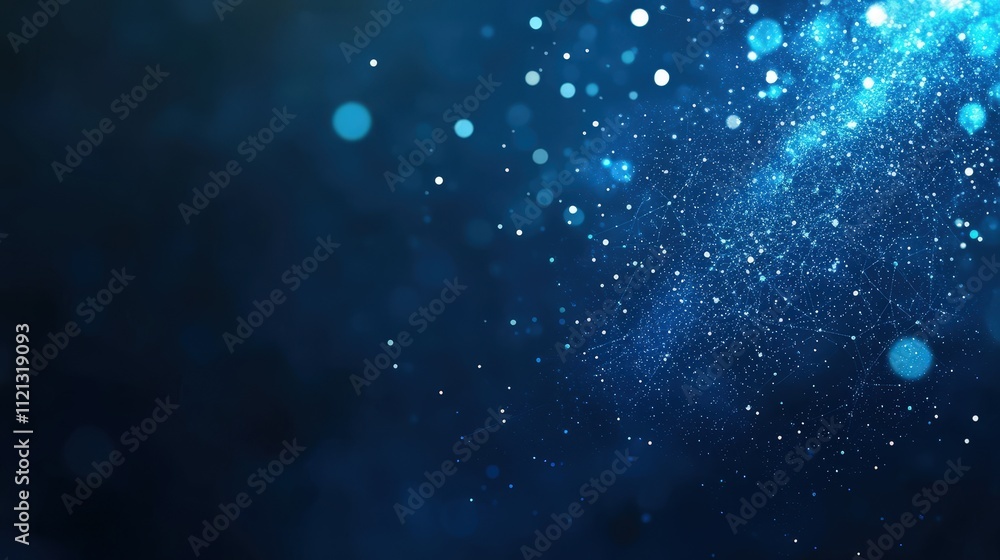 Poster abstract representation of glowing dots and shining lines against a dark background, creating a mesm