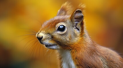 Obraz premium With keen eyes and an inquisitive expression, a Eurasian red squirrel observes its colorful autumn environment, surrounded by warm hues of gold and orange