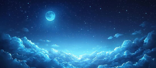 A full moon shines brightly in the night sky, illuminating clouds below.