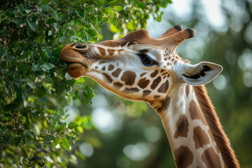 A graceful giraffe reaching up to eat green leaves from a tall tree, showcasing its elegance and natural behavior in a lush environment.