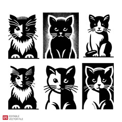 Obraz premium set of kittens cat Silhouettes Black and White Illustration Designs on White Background