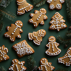 Festive Close-Up of Homemade Gingerbread Cookies Decorated with Icing, Surrounded by Pine Branches, Perfect for Holiday Celebrations and Seasonal Treats