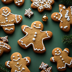 Festive Close-up of Gingerbread Cookies with Icing Decoration on a Green Background Perfect for Celebrating Holiday Traditions and Seasonal Treats