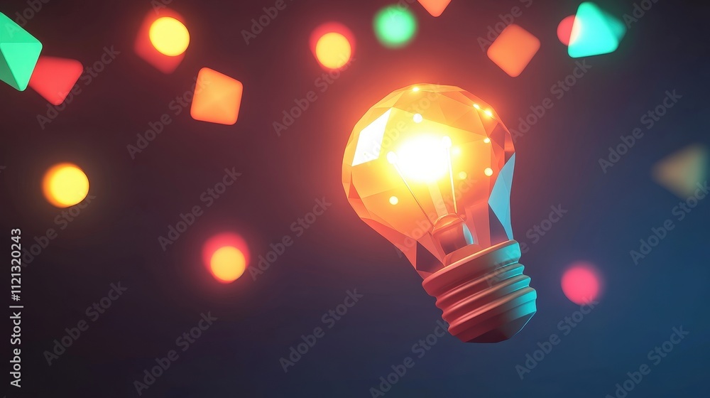 Poster abstract representation of a glowing light bulb surrounded by colorful dots and lines emitting a war