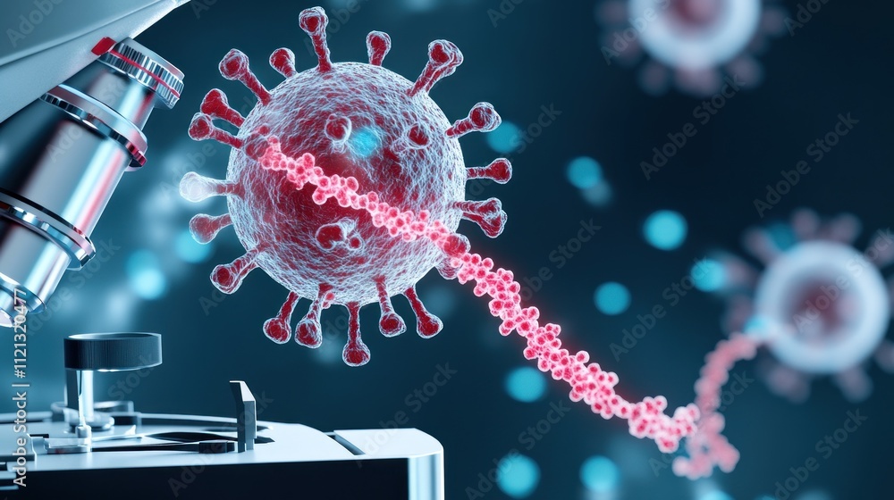 Poster microscopic view of a virus with genetic material and a microscope.
