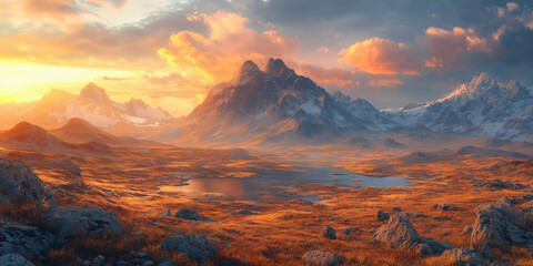 Fototapeta premium Alpine Dreams: Mountains in Golden Light