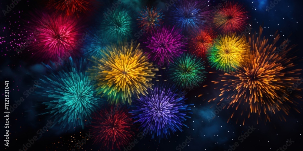 Poster vibrant multi-colored fireworks scattered across a night sky with starry background in a captivating