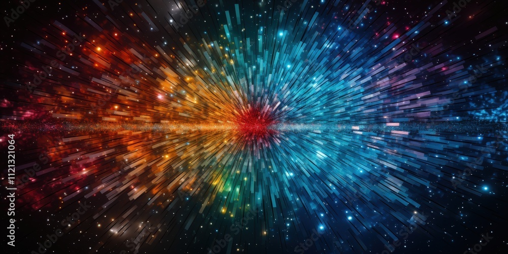 Poster vibrant explosion of multi-colored fireworks scattered across a cosmic background with radiant splas