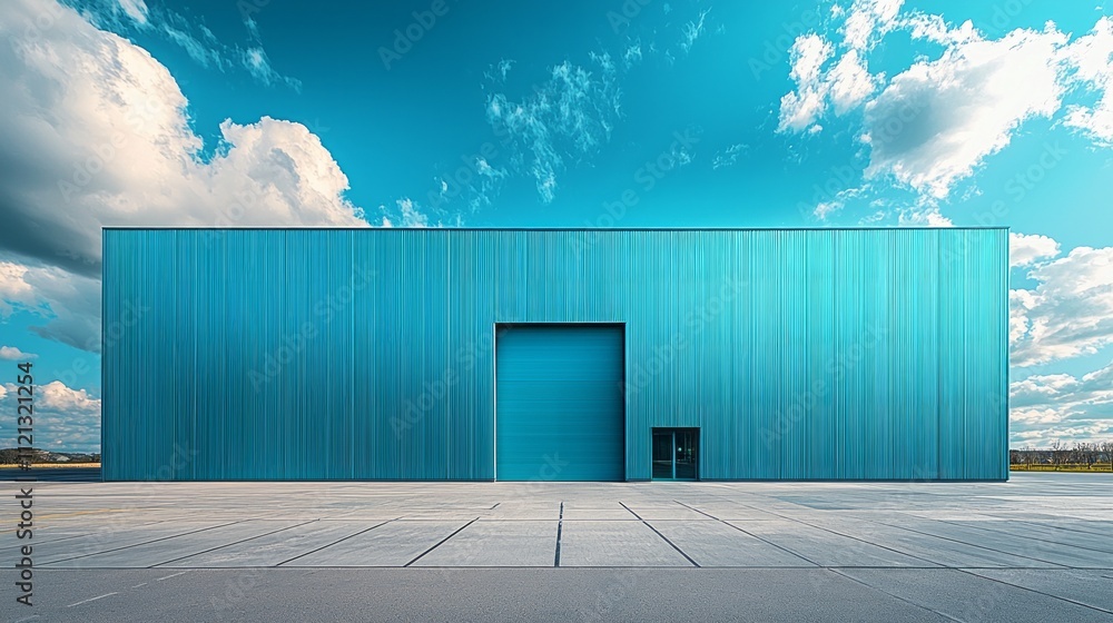 Aufkleber a striking blue factory building stands prominently against an expansive sky filled with clouds. the