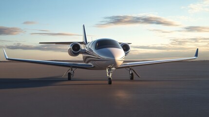 A sleek modern private jet parked on a runway with a minimalistic background