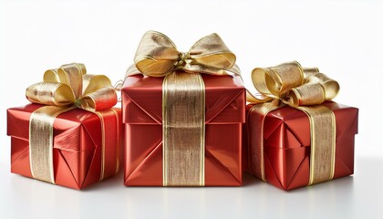Obraz premium Christmas presents in red and gold wrapping, neatly arranged in a row, isolated on a white background, highlighting their festive charm