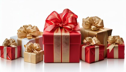 Obraz premium Christmas presents in red and gold wrapping, neatly arranged in a row, isolated on a white background, highlighting their festive charm