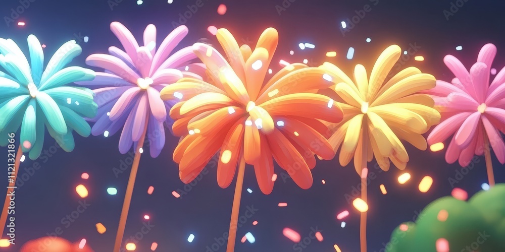Poster vibrant and multi-colored fireworks scattered across a dark background with confetti and a magical a