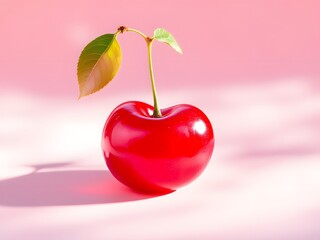 "Single Red Cherry with Green Leaves on a Pink Background"

