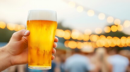 Vibrant Beer Garden Celebration under String Lights on National Lager Day, Christmas, and New Years Eve