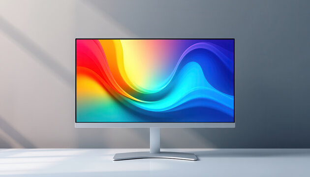 Frameless LED TV IPS monitor with wide flat screen and vibrant wallpaper, isolated on white background