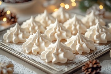 Fototapeta premium Delicious meringues sprinkled with icing sugar resting on metal tray during christmas celebration