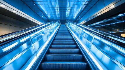 Obraz premium A view looking up an escalator in a blue-lit modern building.