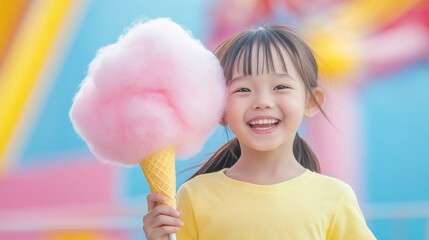 Joyful Child with Cotton Candy at Amusement Park - Perfect for National Cotton Candy Day, Easter, and Halloween Celebrations