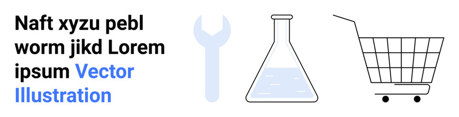 Shopping cart, laboratory flask with liquid, and gray wrench. Placeholder text aligns on the left. Ideal for ecommerce, science, engineering, education, technology, marketing, and advertising. Banner