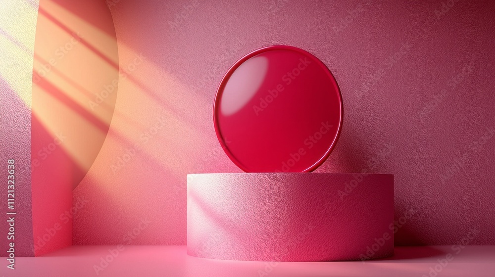 Poster a striking cylindrical stand podium displays a vibrant circular gem, illuminated by soft rays of lig