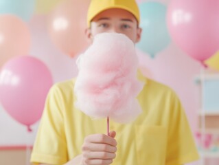 Celebrating National Cotton Candy Day at a Festive Carnival with Colorful Balloons