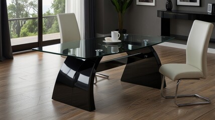 Modern glass top dining table with black high-gloss base and two beige chairs in a contemporary dining room.