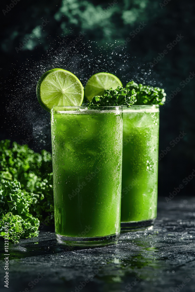 Poster refreshing green smoothie with lime and kale in a dark rustic setting
