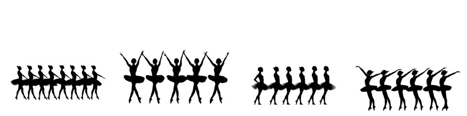 Ballet class with group of dancers performing various poses and movements, isolated on transparent background.