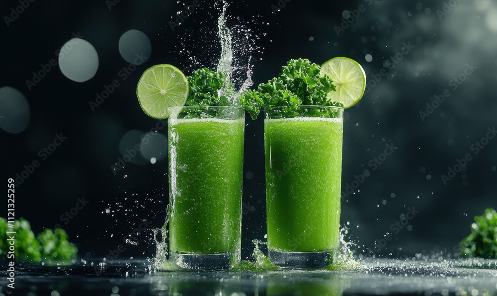 Poster refreshing green smoothie splash with lime and kale in dark contrast