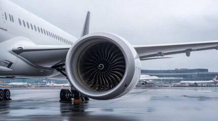Jet engines of an airplane with intricate details of the turbine blades