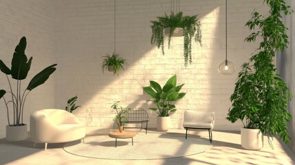 Fototapeta premium Serene Minimalist Living Room with Lush Greenery