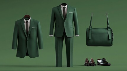 Set of green business clothes with suit and bag.