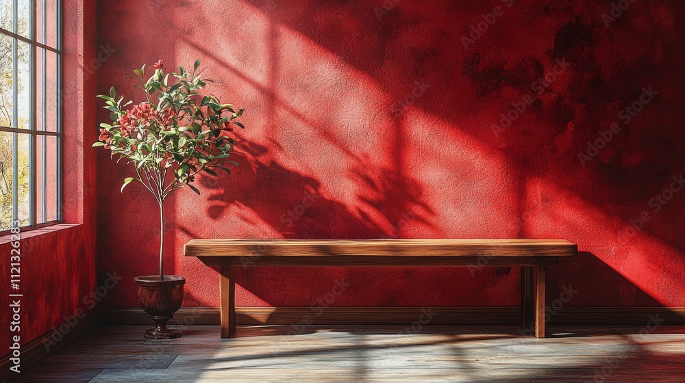 Poster a serene atmosphere envelops a wooden table resting against a striking dark red wall. soft shadows f