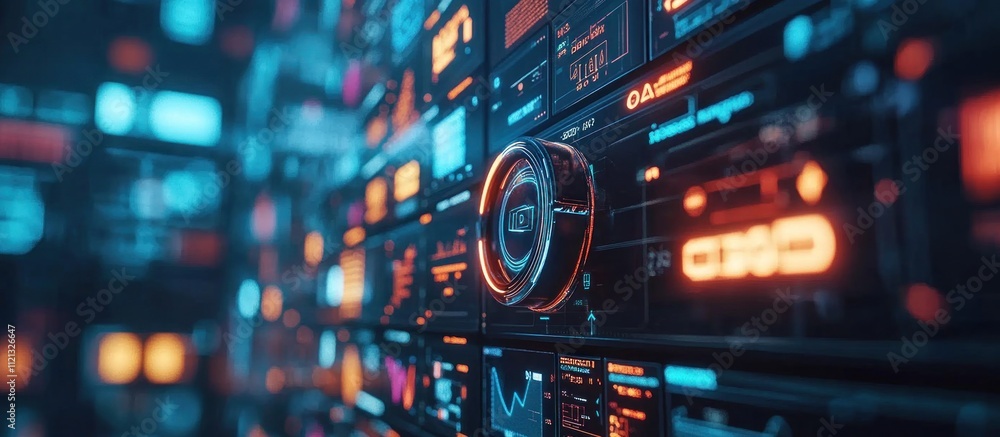 Poster close up of a futuristic user interface with glowing digital displays and a spinning central dial.