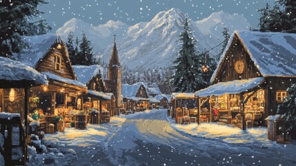 Fototapeta premium Snowy Village Winter Wonderland, Cozy Mountain Town Night Scene