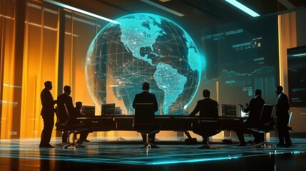 Global Network Strategy Meeting Businessmen Analyzing Worldwide Data Holographic Earth Projection Futuristic Conference Room Technology